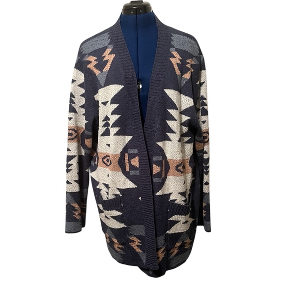 DAVI & DANI Aztec Oversized Long Navy and Cream Cardigan Sweater | Size L - Picture 3 of 13
